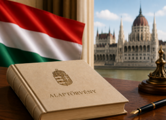 6. Borítókép alternatív szöveg Az Alaptörvény kötete a Parlament épületével a háttérben az új alkotmányozási folyamat és az Alaptörvény 17. módosítása kapcsán