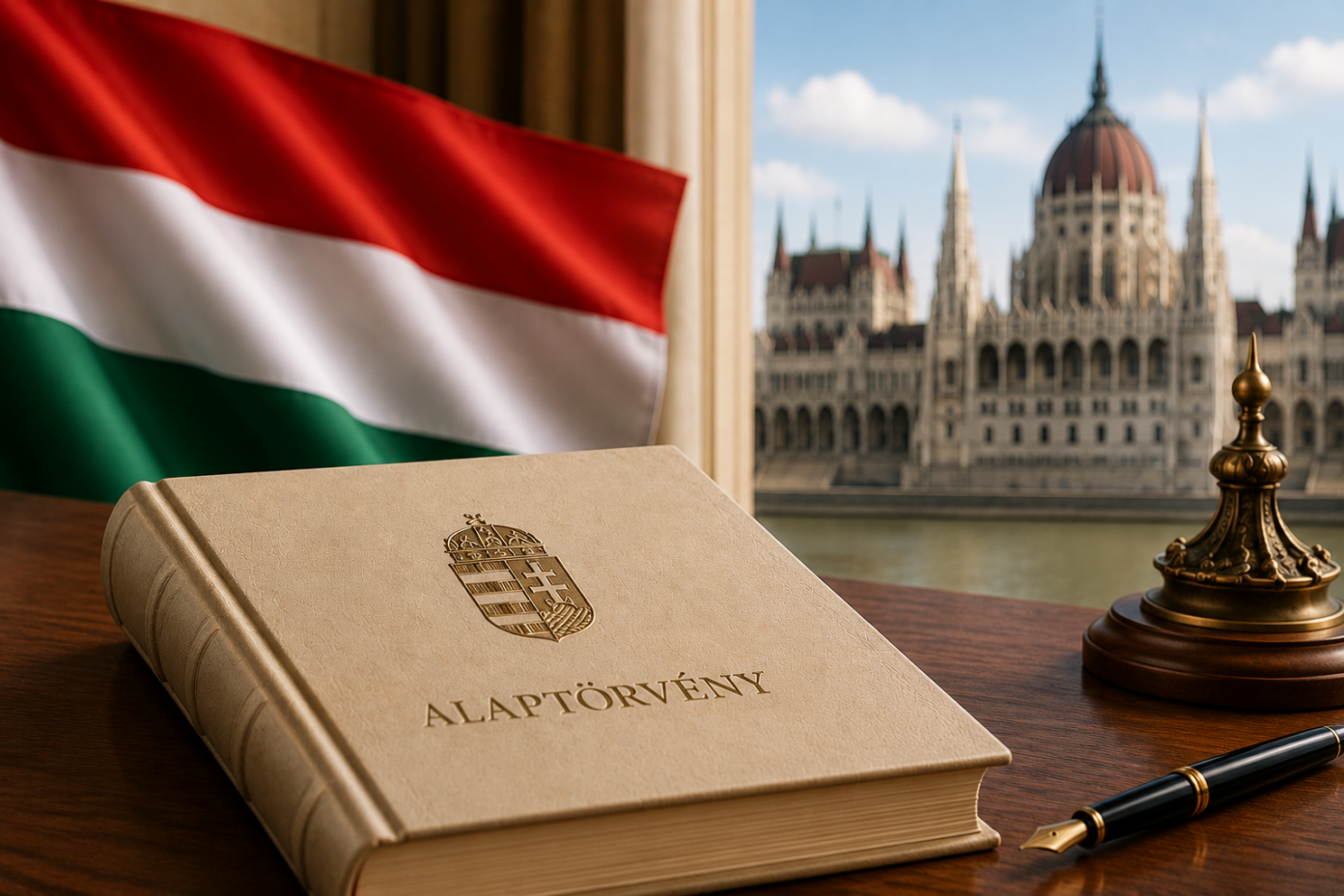 Alapt 6. Borítókép alternatív szöveg Az Alaptörvény kötete a Parlament épületével a háttérben az új alkotmányozási folyamat és az Alaptörvény 17. módosítása kapcsán
