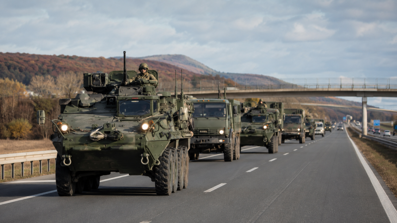 NATO NATO katonai konvoj halad egy magyarországi autópályán a Fekete-tenger térsége felé vezető tranzitútvonalon
