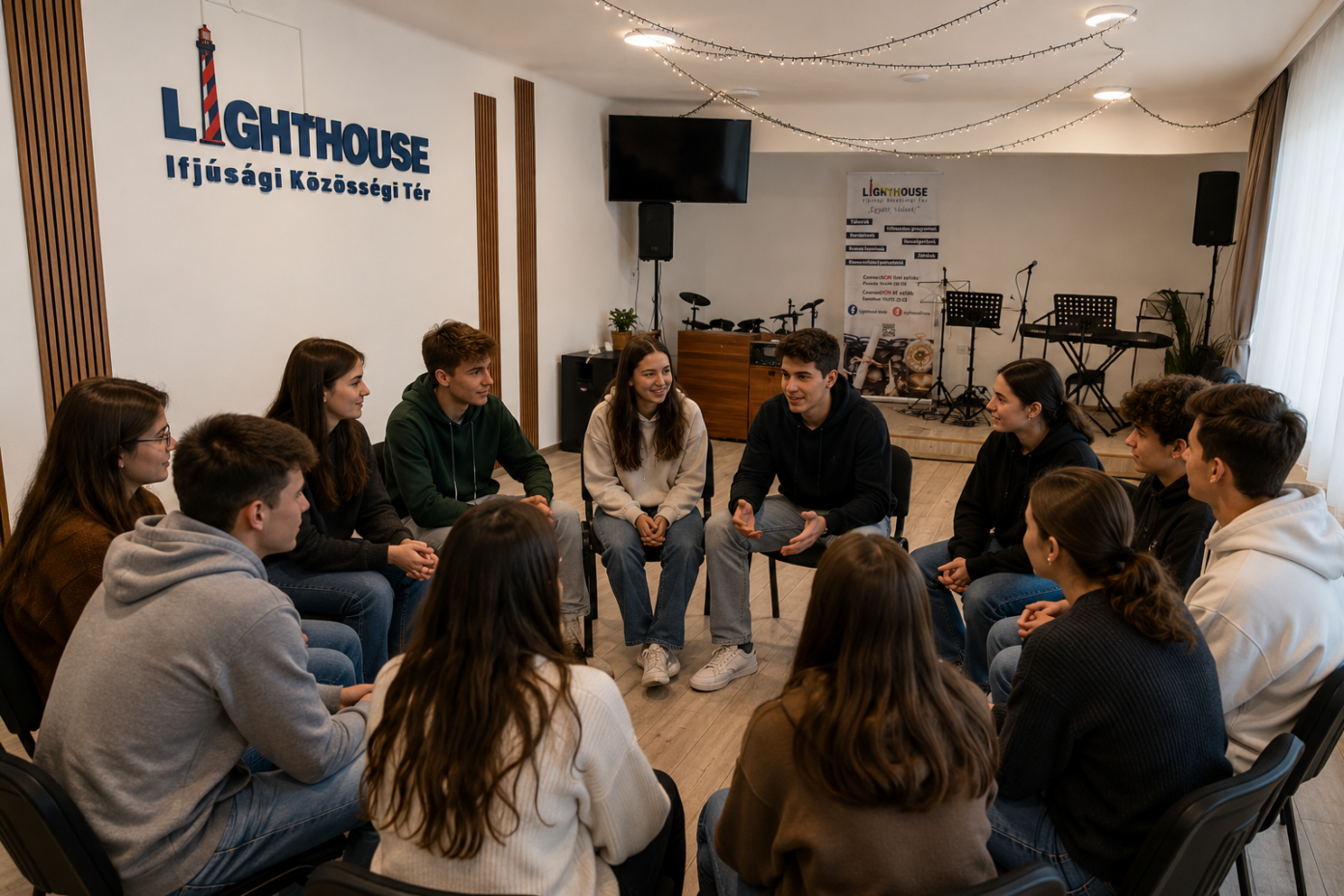 Fiatalok közösségi foglalkozáson a Lighthouse Ifjúsági Közösségi Térben a kiskőrösi nemzetközi nyári tábor programjához kapcsolódóan