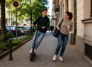 Elektromos rollerrel közlekedő fiatal halad el egy gyalogos mellett egy városi járdán, bemutatva a rolleres közlekedés veszélyeit és a szabályozás szükségességét.