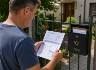 Felhasználó a postaládából kivett vízszámlát olvassa otthona kapujánál a Kiskunvíz Kft. tájékoztatásával kapcsolatban.